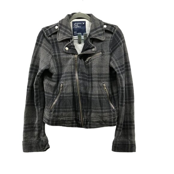 American Eagle Outfitters Jackets & Blazers - American Eagle Fleece Moto Jacket Womens S Gray Plaid Cotton Zip Up
